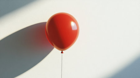 A red balloon floating against a white wall, casting a soft shadow behind it.の素材