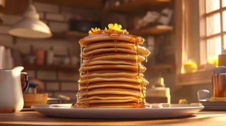 A ridiculously large stack of pancakes with syrup dripping down, piled so high it's almost comical.の素材