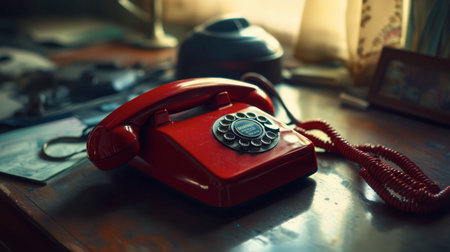 A red telephone receiver lying on a desk, with the coiled cord partially in view.の素材