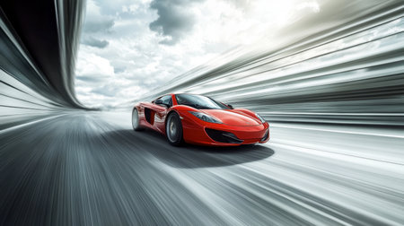 A red sports car speeding down a highway, with motion blur accentuating its speed and power.の素材