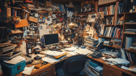 A ridiculously cluttered workspace with papers, gadgets, and knick-knacks strewn all over, barely leaving any room to work.の素材
