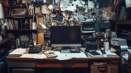 A ridiculously cluttered workspace with papers, gadgets, and knick-knacks strewn all over, barely leaving any room to work.の素材