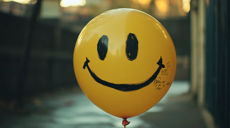 A ridiculously exaggerated smiley face drawn on a balloon, with the mouth stretched far beyond normal proportions.の素材