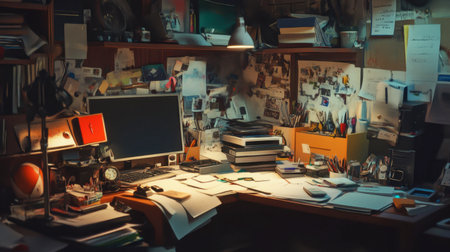 A ridiculously cluttered workspace with papers, gadgets, and knick-knacks strewn all over, barely leaving any room to work.の素材
