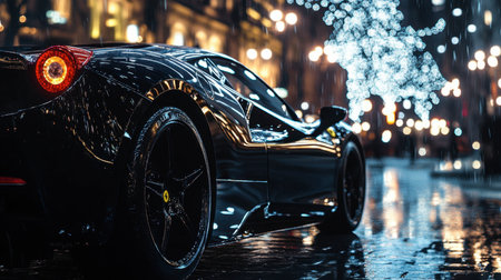 A shiny black sports car parked under streetlights, with reflections creating a sleek silhouette.の素材