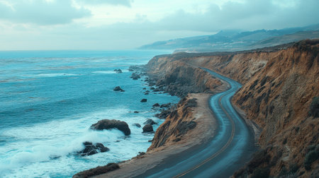 A scenic coastal road hugging the edge of a cliff, with waves crashing against the rocks below.の素材