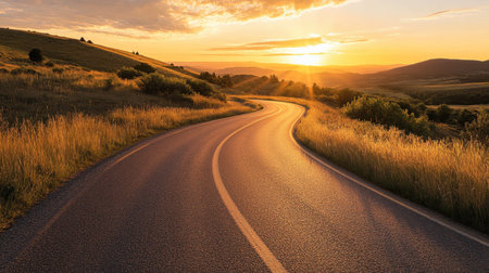 A scenic road during sunset, with warm, golden light reflecting on the asphalt and surrounding landscape.の素材