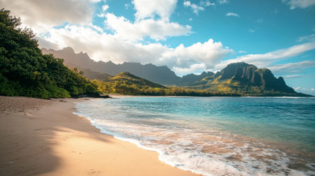 A secluded beach next to a tranquil lagoon, with gentle waves lapping the shore and mountains in the background.の素材
