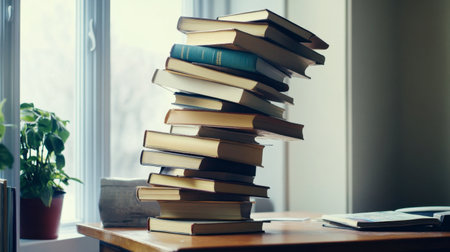 A ridiculously tall stack of books teetering dangerously on the edge of a desk, looking ready to topple over.の素材