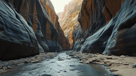 A rock-filled canyon with dramatic rock walls and a narrow river running through the center.の素材