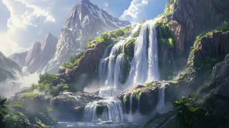 A rocky mountain waterfall cascading down a cliff, with moss and greenery growing around the edges.の素材