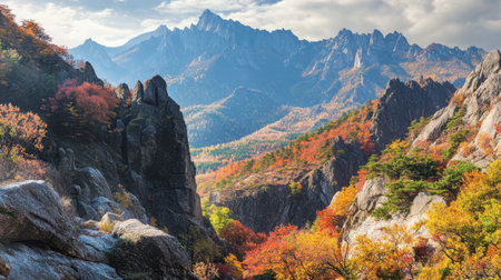 A scenic view of a mountain range in autumn, with colorful foliage contrasting against the rugged, rocky peaks.の素材