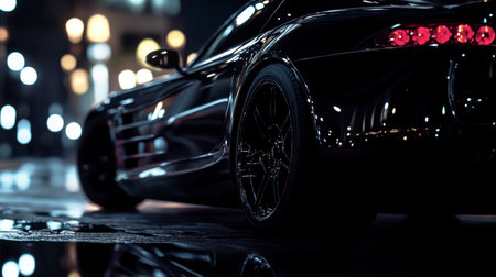 A shiny black sports car parked under streetlights, with reflections creating a sleek silhouette.の素材