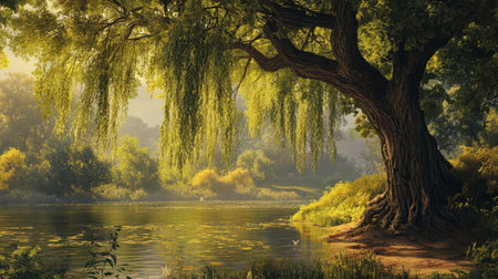 A willow tree by a riverside, with its long branches gracefully touching the water.の素材