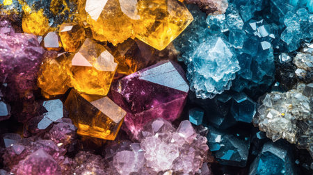 A close-up of colorful rock crystals and minerals, with vibrant hues and intricate details.の素材