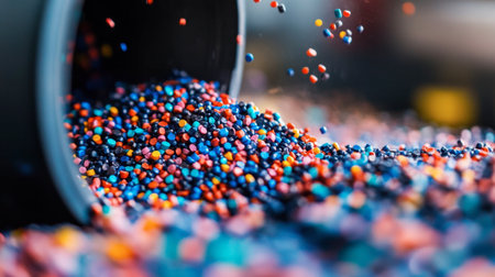 A close-up of plastic pellets being poured into a molding machine, ready to be transformed into new products.の素材