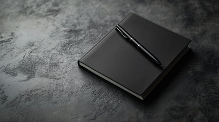 A black notebook with a pen placed diagonally across it, ready for jotting down ideas.の素材