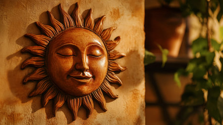 A close-up of a terracotta sun face hanging on a wall, its warm, earthy tones blending beautifully with the surrounding decor.の素材