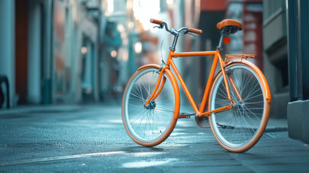 A bright orange bicycle parked on a sunny street, with its vivid color standing out against the urban backdrop.の素材