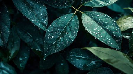 A close-up of jungle leaves covered in dew, with droplets glistening in the early morning light.の素材
