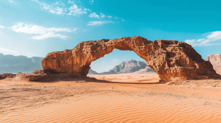 A picturesque rock arch formation in a desert landscape, with clear blue skies and expansive sand dunes.の素材