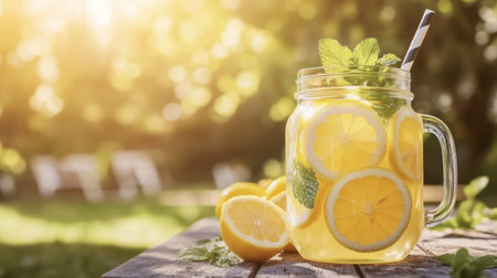 A jar of refreshing lemonade with lemon slices and mint leaves, placed on a picnic table outdoors.の素材