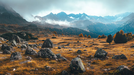 A panoramic view of a high-altitude mountain plateau with scattered rocks and distant peaks partially shrouded in mist.の素材