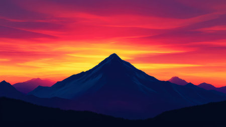 A mountain silhouetted against a fiery sunset, with the sky glowing in shades of red, orange, and pink.の素材