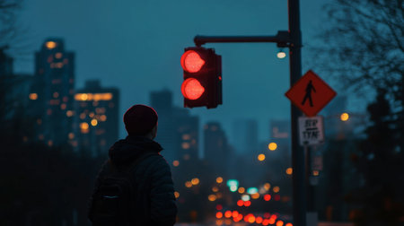 A pedestrian waiting at a traffic light, with the signal glowing red and the city skyline in the background.の素材