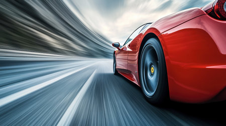A red sports car speeding down a highway, with motion blur accentuating its speed and power.の素材