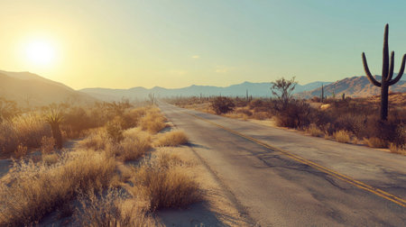 A road through the desert, with cacti and dry shrubs scattered along the side, under a bright sun.の素材