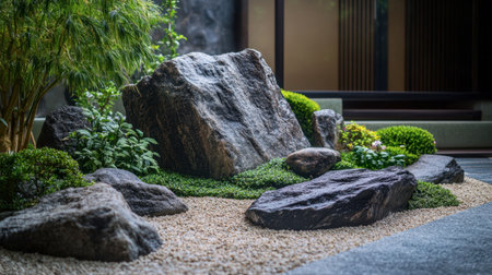 A rock garden with carefully arranged stones and minimalist plants, creating a peaceful, zen-like atmosphere.の素材