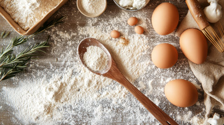 A rustic wooden spoon resting on a flour-dusted countertop, surrounded by baking ingredients.の素材