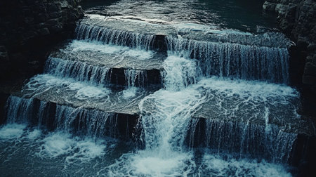A slow-motion shot of a waterfall, capturing the smooth flow of water over a series of terraced rocks.の素材