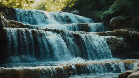 A slow-motion shot of a waterfall, capturing the smooth flow of water over a series of terraced rocks.の素材