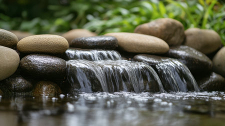 A small waterfall gently flowing over a series of smooth stones in a tranquil garden setting.の素材