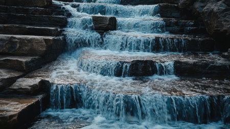 A slow-motion shot of a waterfall, capturing the smooth flow of water over a series of terraced rocks.の素材