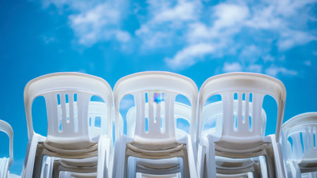 A stack of plastic chairs arranged in a row, ready for an outdoor event, with a sunny day and blue skies overhead.の素材