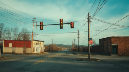 A small-town intersection with a single traffic light controlling the peaceful, empty road.の素材