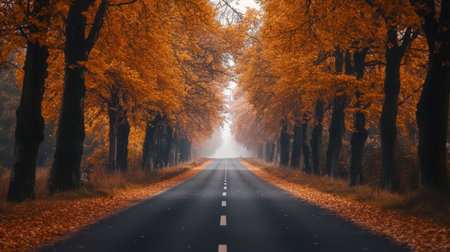 A straight road lined with autumn trees, their orange and yellow leaves creating a vibrant tunnel.の素材