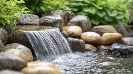 A small waterfall gently flowing over a series of smooth stones in a tranquil garden setting.の素材