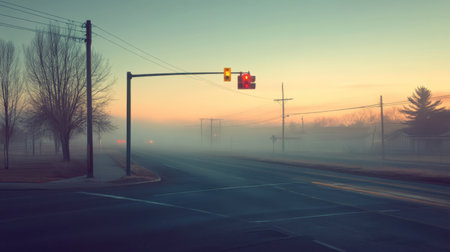A small-town intersection with a single traffic light controlling the peaceful, empty road.の素材