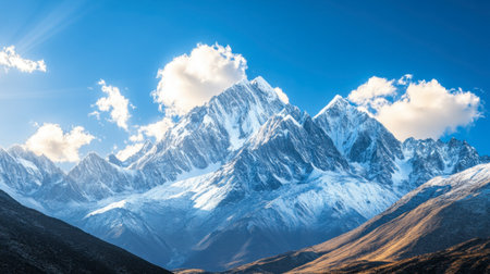 A snow-capped mountain range under a bright blue sky, with sunlight highlighting the pristine peaks.の素材