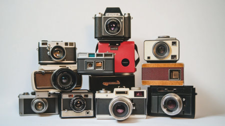 A stack of old camera models, from Polaroids to SLRs, showcasing the evolution of photography technology.の素材