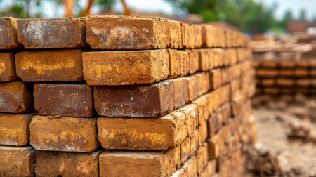 A stack of terracotta bricks neatly arranged at a construction site, ready to be used in building a traditional-style house.の素材