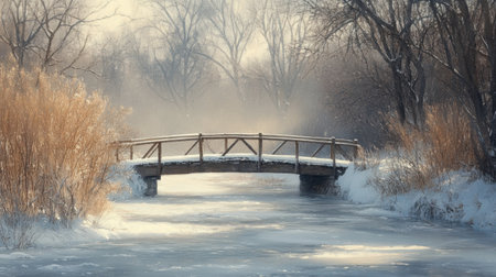 A snow-covered bridge stretching across a frozen river, with bare trees and a soft layer of snow blanketing the landscape.の素材