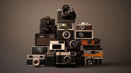 A stack of old camera models, from Polaroids to SLRs, showcasing the evolution of photography technology.の素材