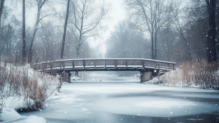 A snow-covered bridge stretching across a frozen river, with bare trees and a soft layer of snow blanketing the landscape.の素材