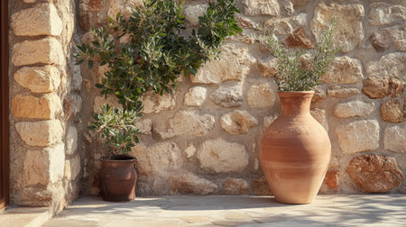 A terracotta amphora placed against a stone wall, with its classic shape and warm tones blending seamlessly into the Mediterranean setting.の素材