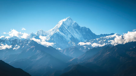 A snow-capped mountain range under a bright blue sky, with sunlight highlighting the pristine peaks.の素材